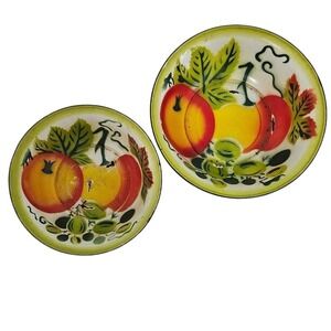 Vintage Tin Enamelware Fall Harvest Vegetable Bowl Set 12"x 3.25" - 10"x3" GUC